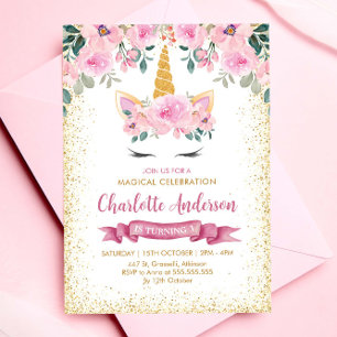 Invitation Parties scintillant or Turquoise rose floral Unico