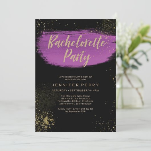 Invitation Parties scintillant or violet Bachelorette Party I (Debout devant)