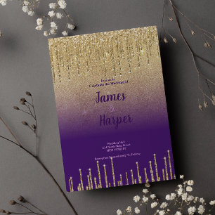 Invitation Parties scintillant or violet ombre gouttes Mariag