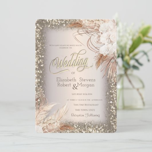Invitation Parties scintillant Pampas Fleurs GrassMariage (Debout devant)