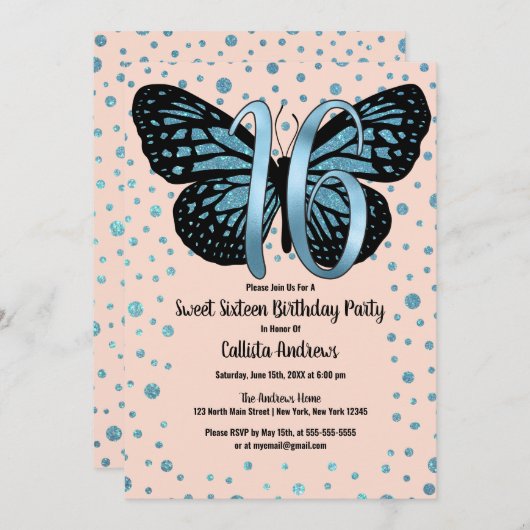 Invitation Parties scintillant papillon rose bleu Confetti Sw (Devant / Derrière)