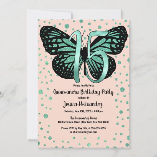 Invitation Parties scintillant papillon rose turquoise Confet (Devant)