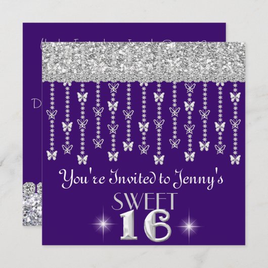 Invitation PARTIES SCINTILLANT papillon SWEET 16 POURPULAIRE  (Devant / Derrière)