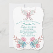 Invitation Parties scintillant Papillon Turquoise & Fleurs ro (Devant)