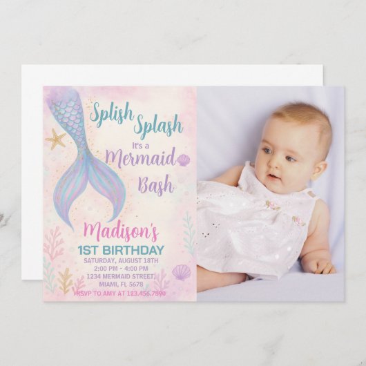 Invitation Parties scintillant Pastel Ocean Thème avec photo (Devant / Derrière)