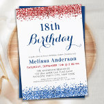 Invitation Parties scintillant Patriotique Rouge Bleu Bleu<br><div class="desc">Célébrez en style avec nos invitations patriotiques à la fête d'anniversaire ! Ces invitations modernes et élégantes sont décorées dans des tons chic rouge, blanc et bleu avec des accents de parties scintillant pour une touche glamour. Le thème du drapeau américain et les motifs militaires ajoutent une touche de patriotisme,...</div>