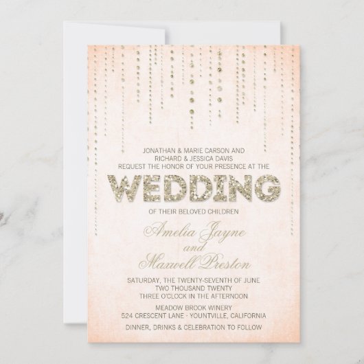 Invitation Parties scintillant Peach & Gold Look Mariage (Devant)