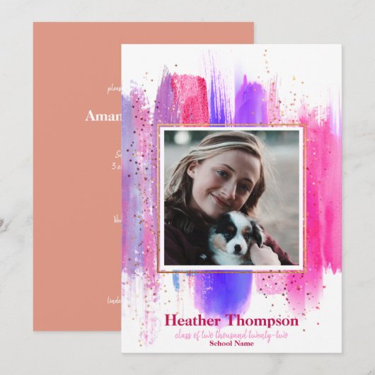 Invitation Parties scintillant peinte rose et violet étincell (Devant / Derrière)