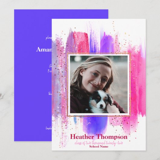 Invitation Parties scintillant peinte rose et violet étincell (Devant / Derrière)