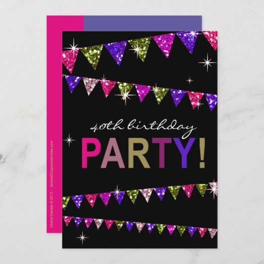 Invitation Parties scintillant Pennant Flags 40e anniversaire (Devant / Derrière)