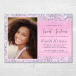 Invitation Parties scintillant Photo Rose Sweet 16 Anniversai<br><div class="desc">Jolie, glamour et douce fille invitation de fête de 16 ans avec brillamment holographique violet, rose et argent faux confetti parties scintillant sur les côtés contre un arrière - plan rose, sa photo, et "Sweet sixteen" et son nom dans un script gris doux et tendance. Vous pouvez également modifier l'année...</div>