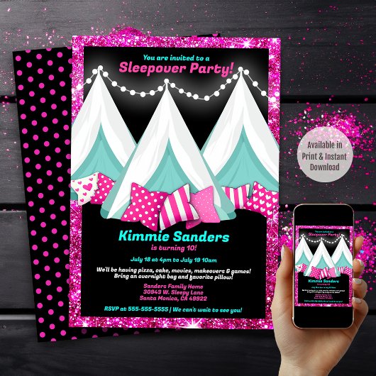 Invitation Parties scintillant Pink Blue Black Teepee Sleepov
