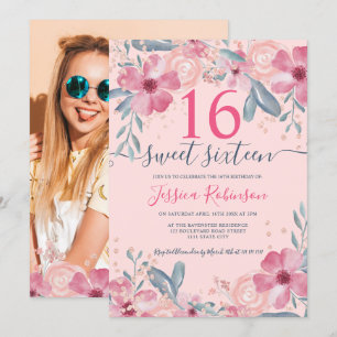 Invitation Parties scintillant Pink floral watercolor script 