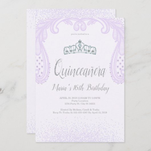 Invitation Parties scintillant pourpre & dentelle, Quinceañer (Devant / Derrière)