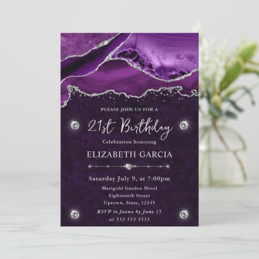 Invitation Parties scintillant pourpre et argent Agate 21e an (Debout devant)