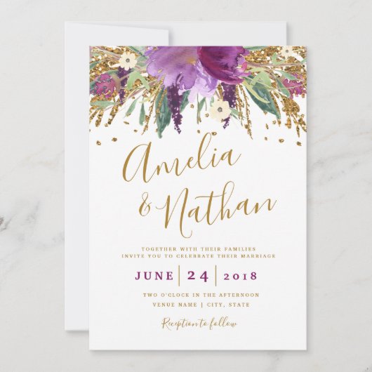 Invitation Parties scintillant pourpre Étincelant Mariage Amé (Devant)