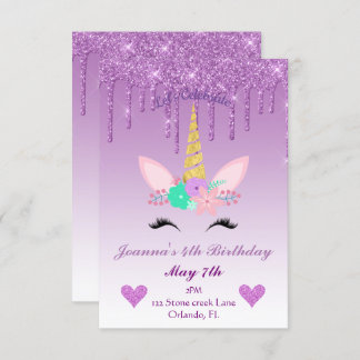 Invitation Parties scintillant pourpre/Unicorne florale Anniv