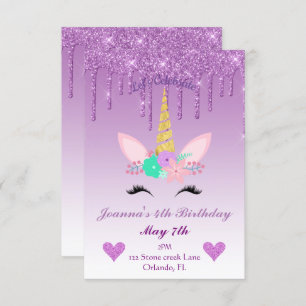 Invitation Parties scintillant pourpre/Unicorne florale Anniv