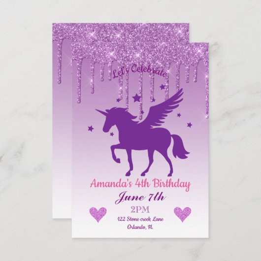 Invitation Parties scintillant pourpre/Violet Unicorne Annive (Devant / Derrière)