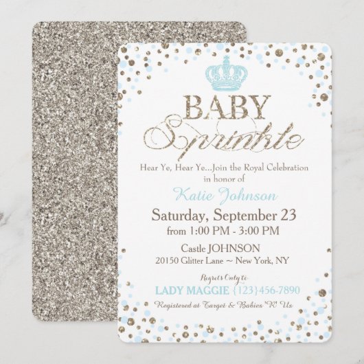 Invitation Parties scintillant Prince Argent Baby shower d'ar (Devant / Derrière)