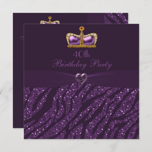 Invitation Parties scintillant princesse Crown Heart & Zebra  (Devant / Derrière)