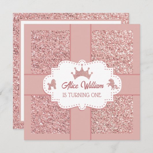 Invitation Parties scintillant princesse rose douce pétillant (Devant / Derrière)