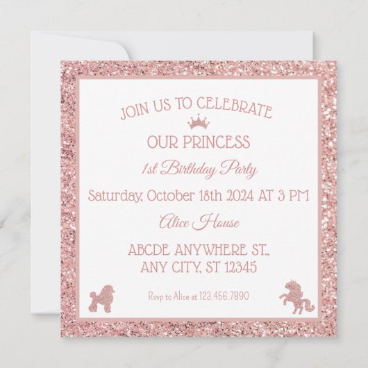 Invitation Parties scintillant princesse rose douce pétillant (Dos)