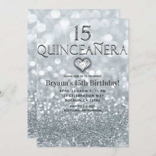 Invitation Parties scintillant Princesse Silver 15 Quinceañer (Devant / Derrière)