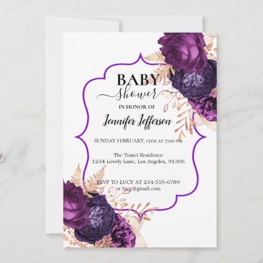 Invitation Parties scintillant Purple Floral Baby shower Invi (Devant)