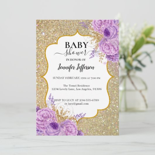 Invitation Parties scintillant Purple Floral Baby shower Invi (Debout devant)