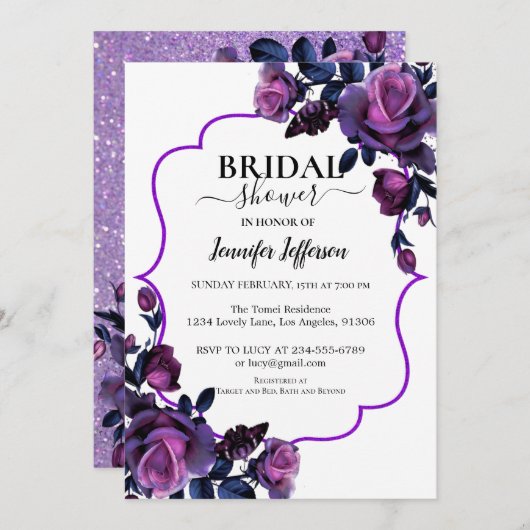 Invitation Parties scintillant Purple Floral Bridal Showweuse (Devant / Derrière)