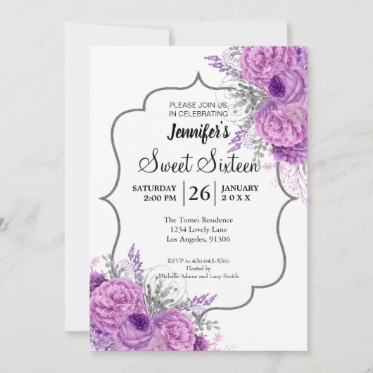 Invitation Parties scintillant Purple Floral Sweet 16 Anniver (Devant)