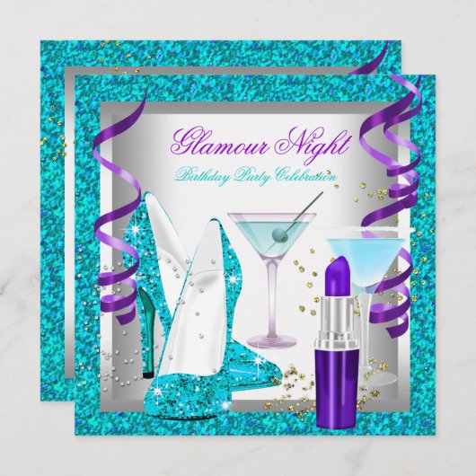 Invitation Parties scintillant Purple Turquoise Glamor Night  (Devant / Derrière)