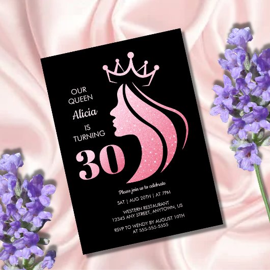 Invitation Parties scintillant Queen Crown rose Noir 30e anni