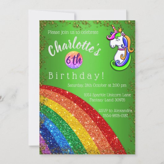 Invitation Parties scintillant Rainbow Green Unicorn Invitati (Devant)