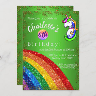 Invitation Parties scintillant Rainbow Green Unicorn Invitati