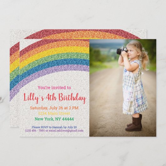 Invitation Parties scintillant Rainbow Party, photo d'anniver (Devant / Derrière)