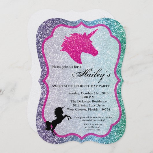 Invitation Parties scintillant Rainbow Unicorn Sweet 16 Anniv (Devant / Derrière)