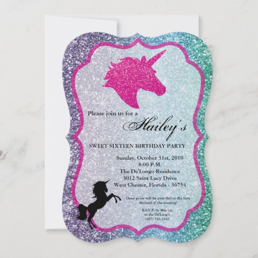Invitation Parties scintillant Rainbow Unicorn Sweet 16 Anniv (Devant)