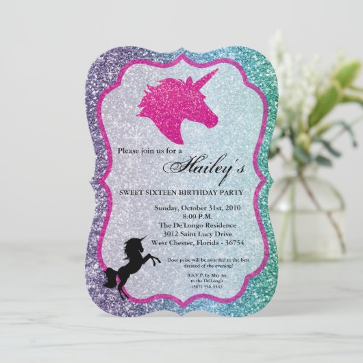 Invitation Parties scintillant Rainbow Unicorn Sweet 16 Anniv (Debout devant)