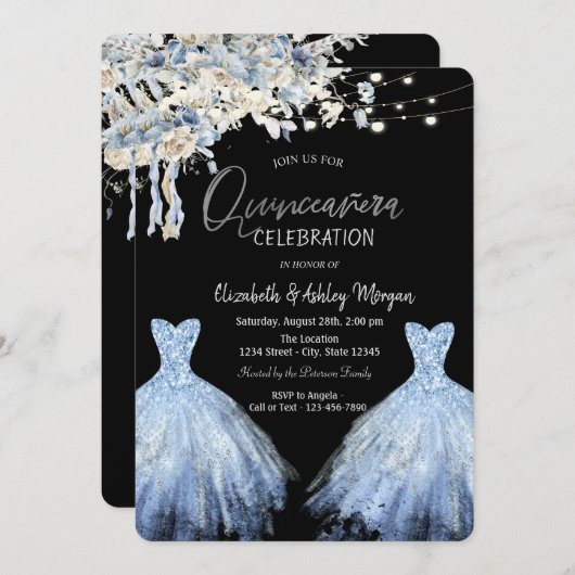 Invitation Parties scintillant Robe bleu Boho Fleurs (Devant / Derrière)