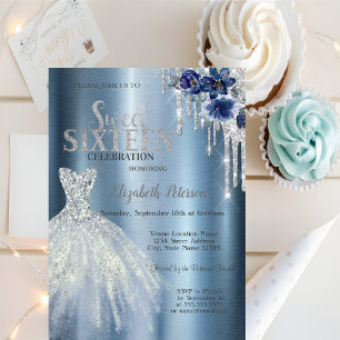 Invitation Parties scintillant, Robe Bleue Fleurs Métallic Sw