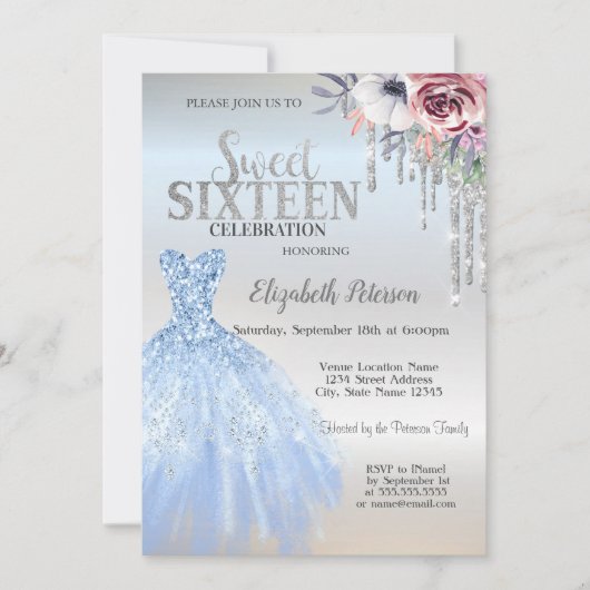 Invitation Parties scintillant, Robe Bleue Fleurs Silver Swee (Devant)