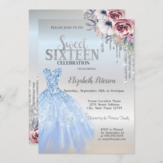 Invitation Parties scintillant, Robe Bleue Fleurs Silver Swee (Devant / Derrière)