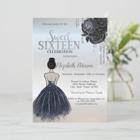 Invitation Parties scintillant, Robe Bleue Foncé Roses Doux 1 (Debout devant)