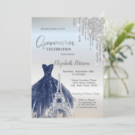 Invitation Parties scintillant, Robe Bleue Marine, Eiffel Qui (Debout devant)