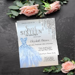 Invitation Parties scintillant, Robe Bleue Silver Sweet 16<br><div class="desc">Elégante robe bleue et parties scintillant argent goutte sur un arrière - plan argent.</div>