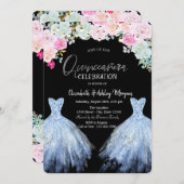 Invitation Parties scintillant Robe Chic Bleu Fleurs Roses (Devant / Derrière)