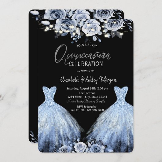 Invitation Parties scintillant Robe Fleurs Bleues (Devant / Derrière)