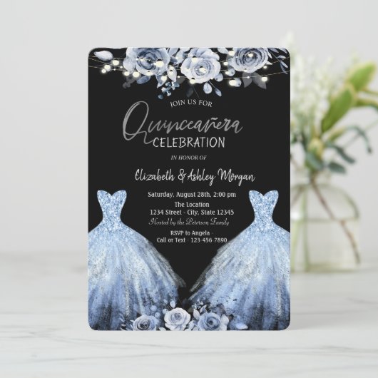 Invitation Parties scintillant Robe Fleurs Bleues (Debout devant)